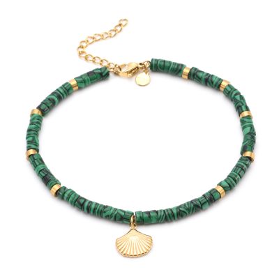 Chaîne Cheville Heishi & Onyx Vert – Style Bohème pour Été